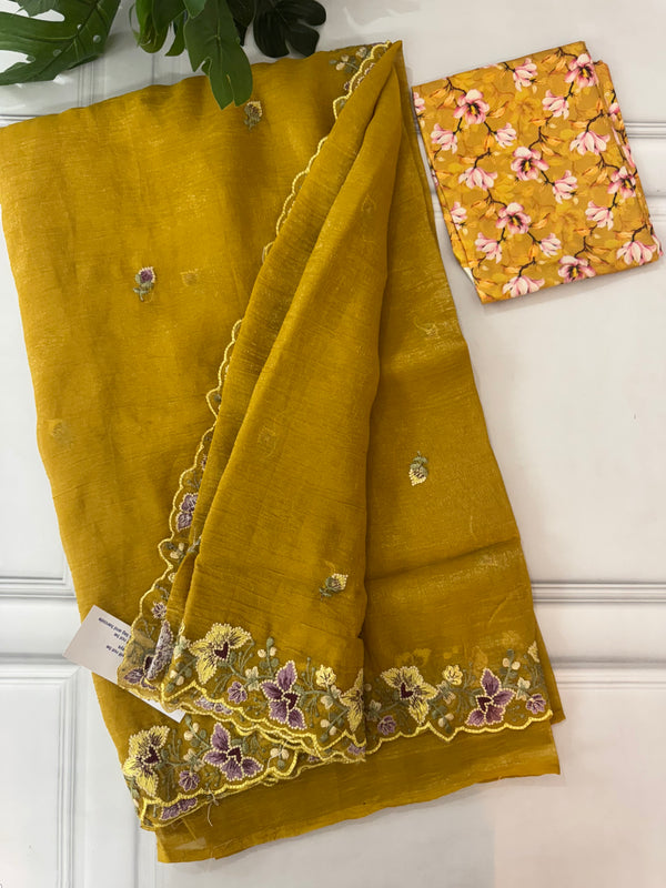 Crush chiffon georgette saree with embriodery borders SVVNYYY Mustard
