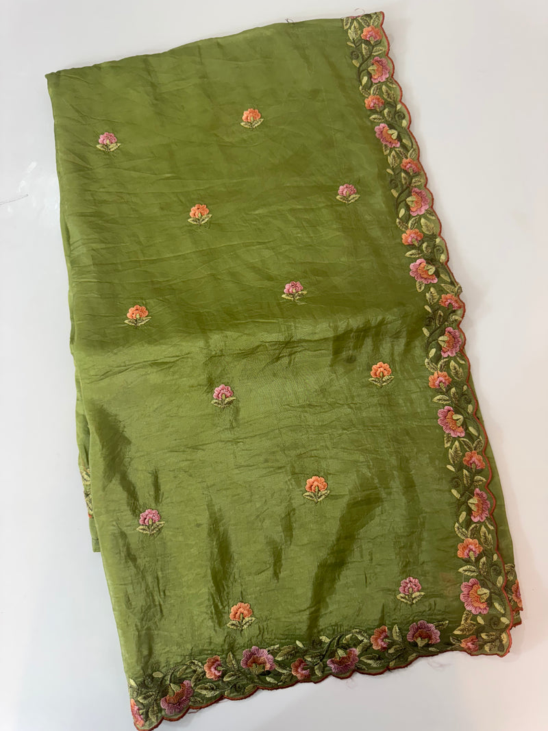 Crush Organza embroidery saree MS14567 LeafGreen