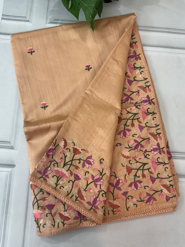 Blended tussar saree with floral embroidery- BISTNTCY Peach