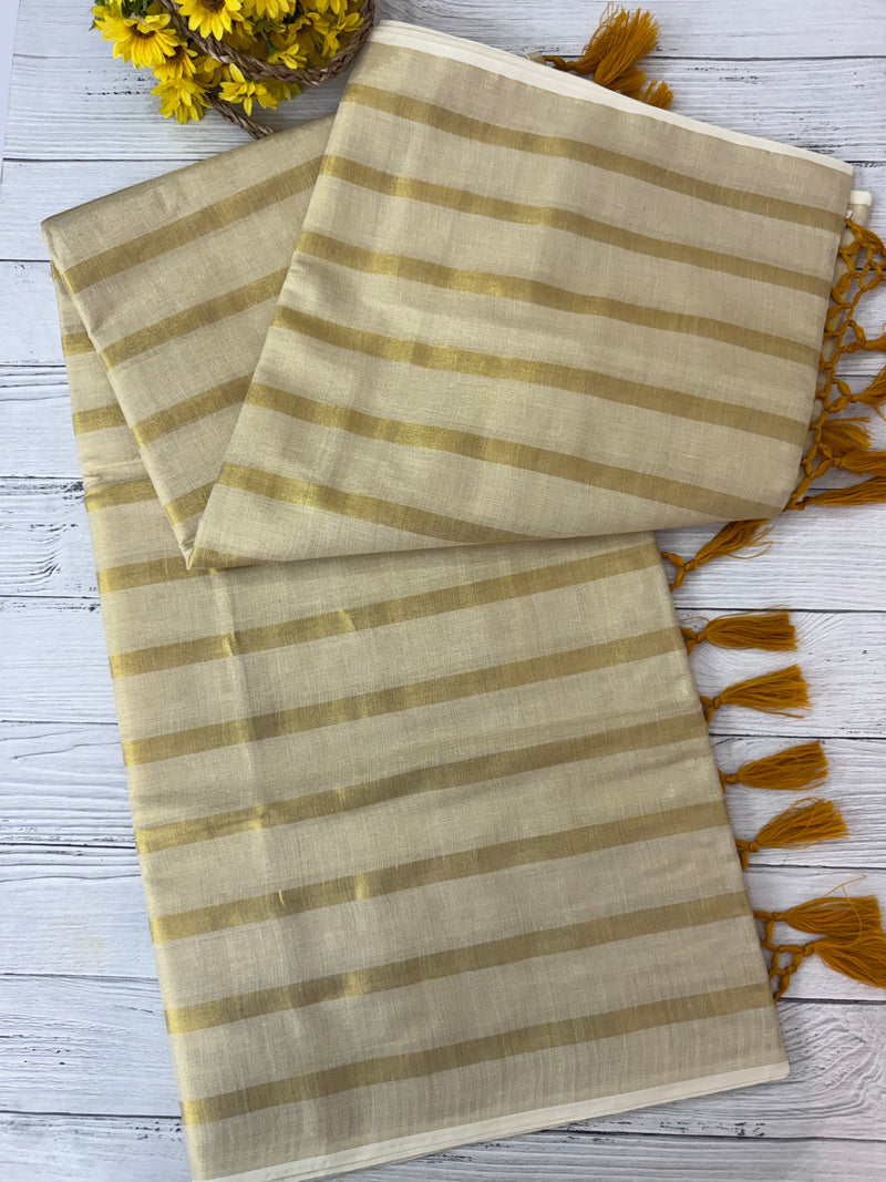 Kerala tissue saree - Stripes with yellow tassels
