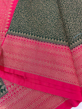 Banarasi semi katan saree with contrast border MS6665- BottleGreen to Pink
