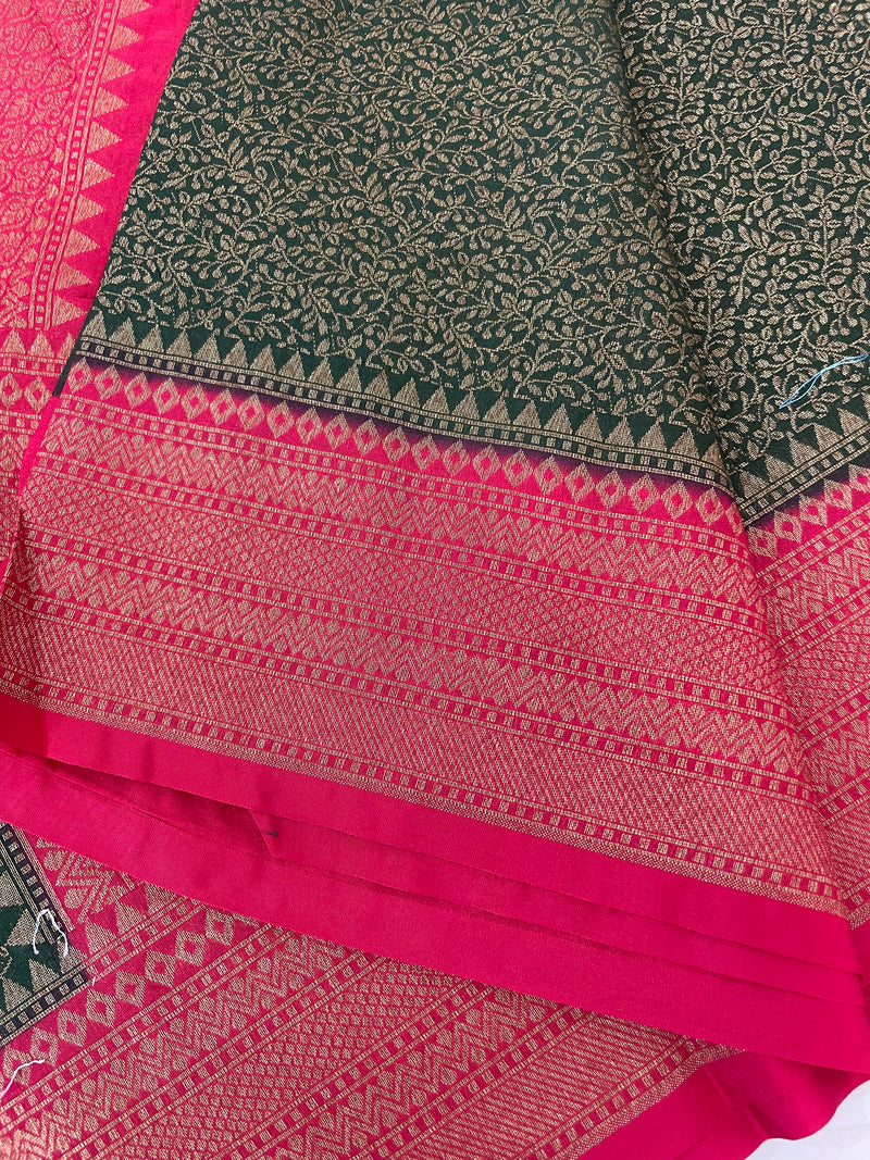 Banarasi semi katan saree with contrast border MS6665- BottleGreen to Pink