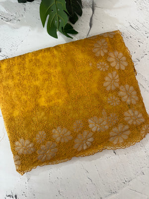 Semi Soft Organza saree with thread work and applique borders - MCW666 Mustard