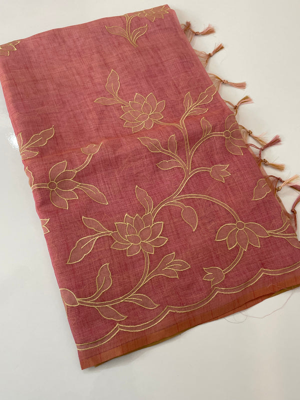 Ombre Soft Tissue linen saree with appliqué work MSL875