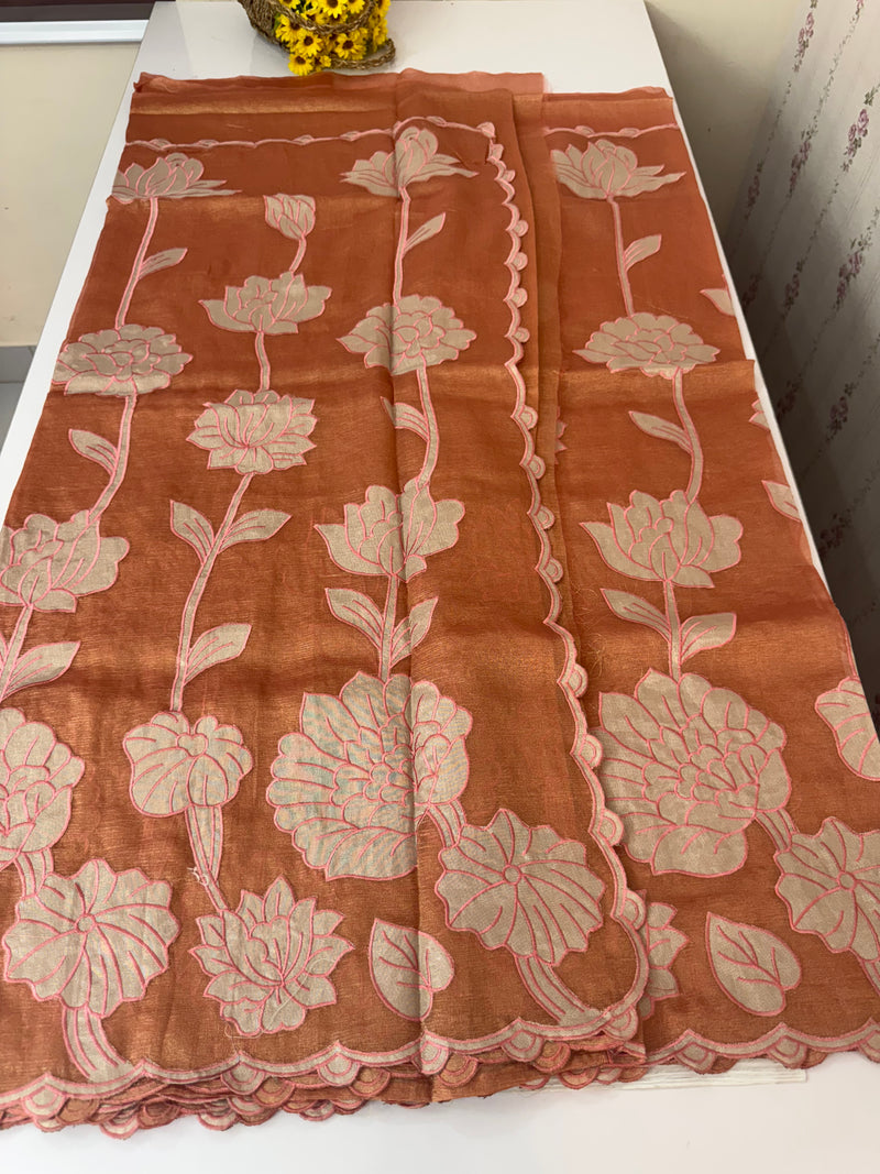 Dual tone Crush silk Organza Applique work saree MS14567- DuskyRustPeach