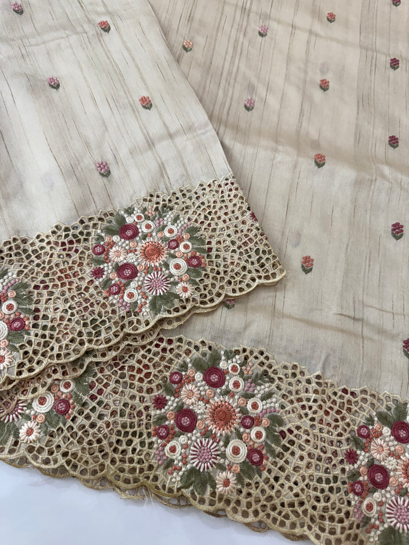 Cutwork Blended tussar saree MTS610 - Beige