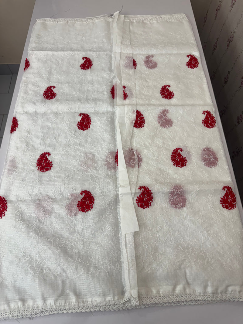 Kota checks saree with embroidery SVTS35 - White & Red