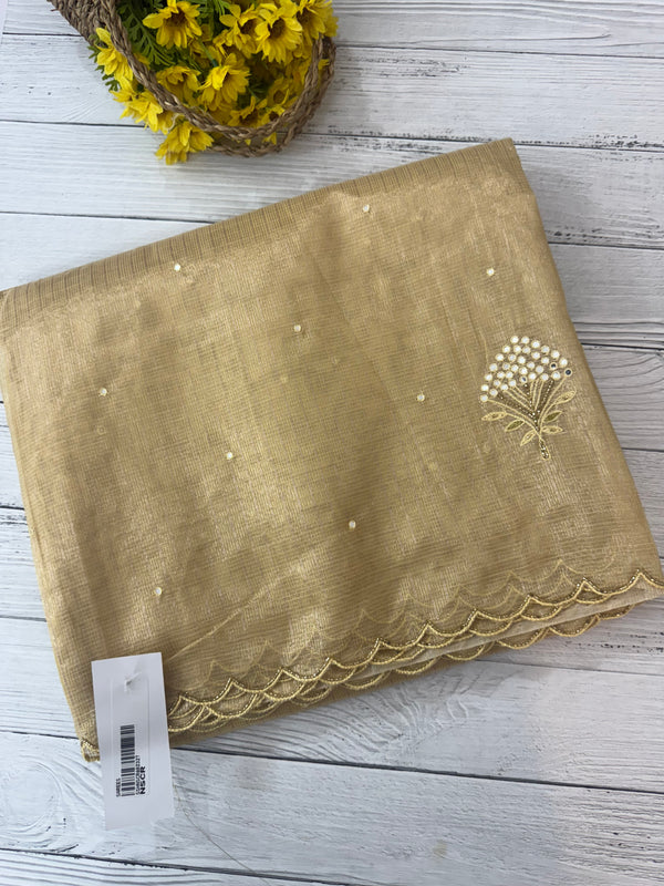 Tissue silk saree with mirror work and scalloped border MTSS432 - Goldenyellow