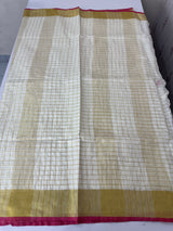 Linen cotton saree with gold zari checks MLS9766- Offwhite and RaniPink