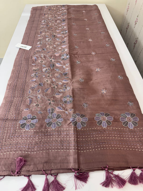 Crushed Blended tussar silk saree with embroidery- SNFCYEY DuskyMauve