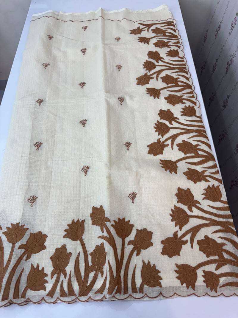 Jute Linen Applique work saree  -MSH128 Offwhite to Caramel
