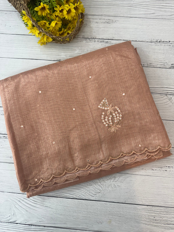 Tissue silk saree with mirror work and scalloped border MTSS432 - Peach