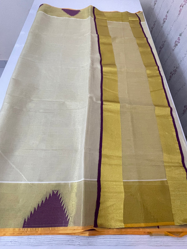 Kerala gold tissue saree with temple border - Purple