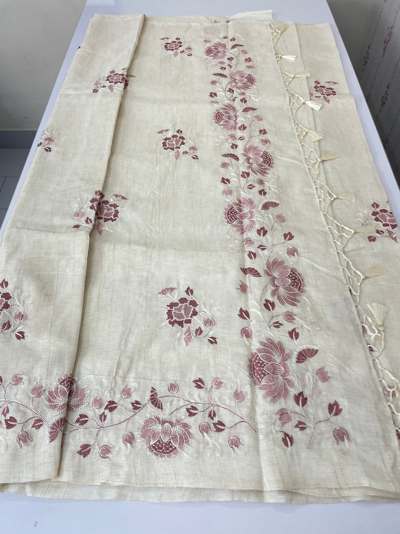 Blended tussar saree with embriodery - MS98765 Cream
