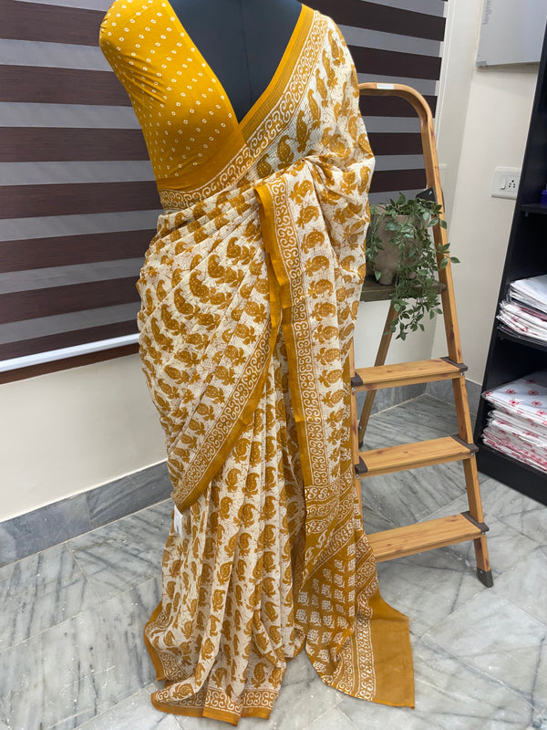 Hand block printed pure kota doria saree MBKD452