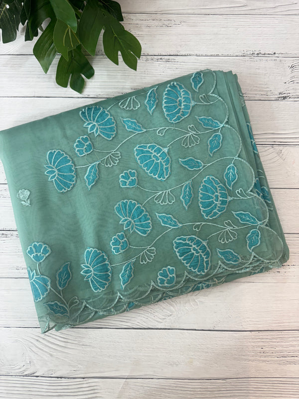 Viscose Organza saree with applique work-MSH103 GreenmixBlue
