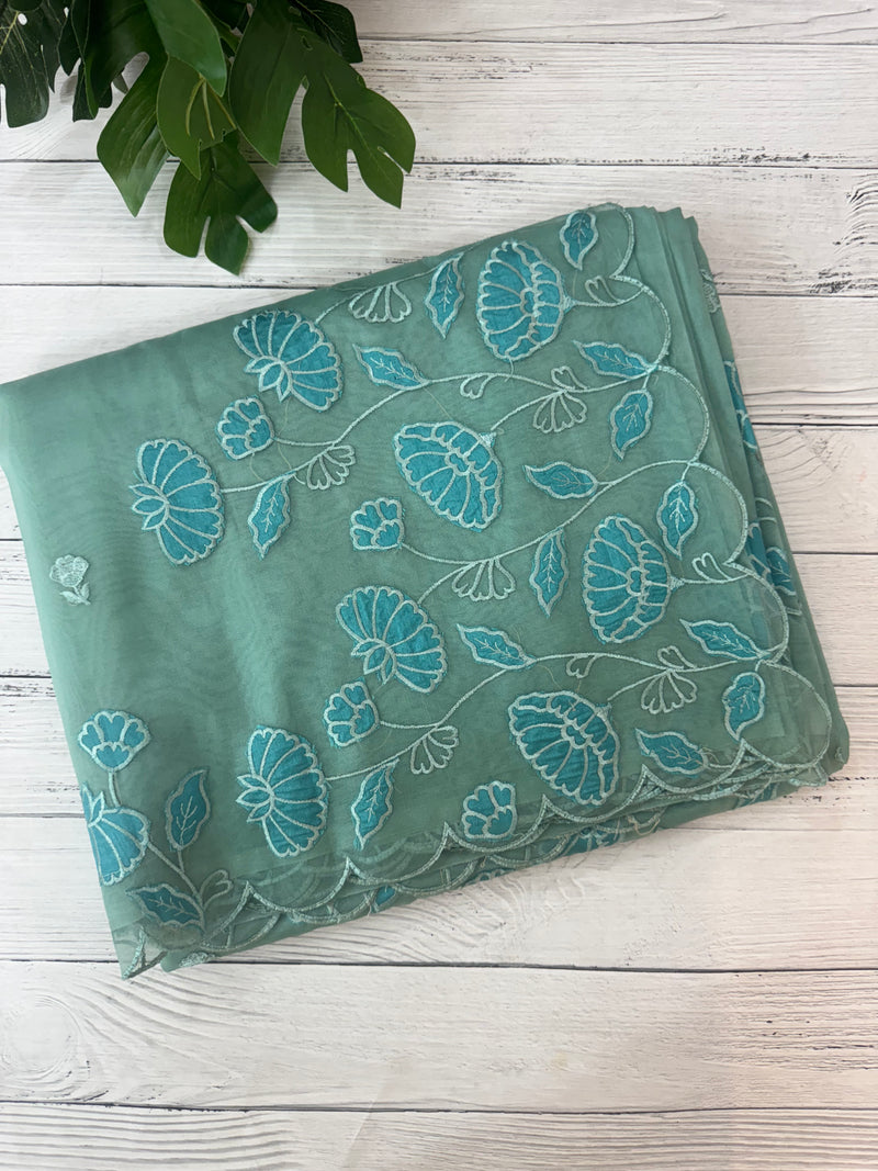 Viscose Organza saree with applique work-MSH103 GreenmixBlue