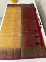 Jute silk sarees with contrast pallu & blouse MJL396 - DarkBeige to MaroonRed