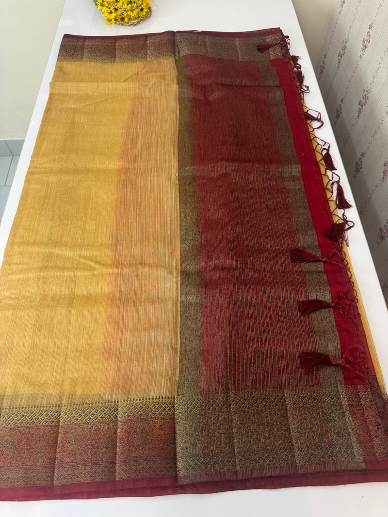 Jute silk sarees with contrast pallu & blouse MJL396 - DarkBeige to MaroonRed