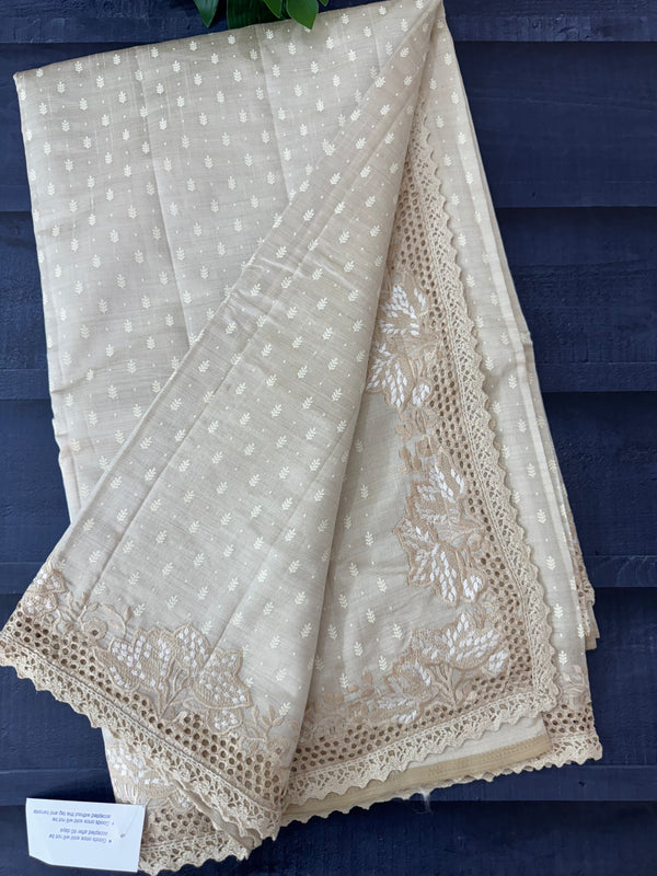 Cutwork blended tussar saree   - Cream MS5222