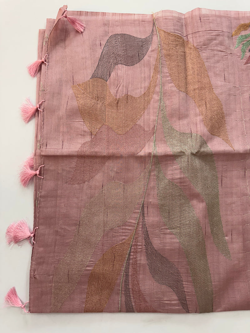 Crushed Blended tussar silk saree with embroidery- SNFCYEY OnionPink