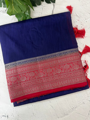 Jute silk sarees with contrast pallu & blouse MJL399 DarkBlue to Blue