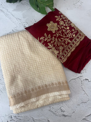Crepe chiffon saree with handworked blouse MS40099 Cream to MaroonRed