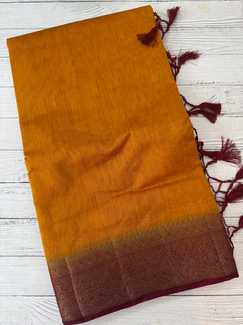 Jute silk sarees with contrast pallu & blouse MJL396- Mustard to maroonred