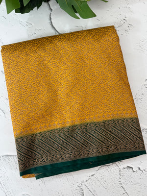 Banarasi semi katan saree with contrast border MKS455 CreamyYellow to BottleGreen