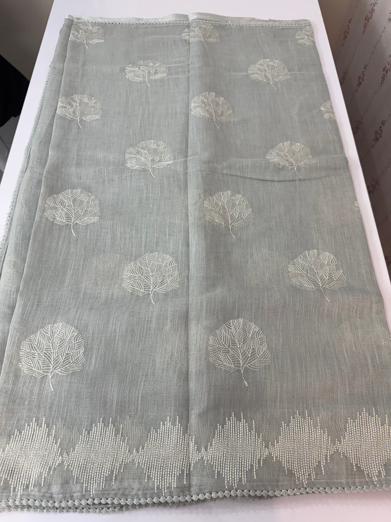 Semi linen saree with embroidery- MS15087 PastelGrey