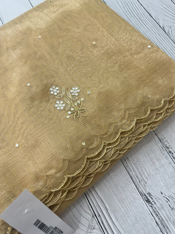 Tissue silk saree with mirror work and scalloped border MTSS432- DuskyYellow