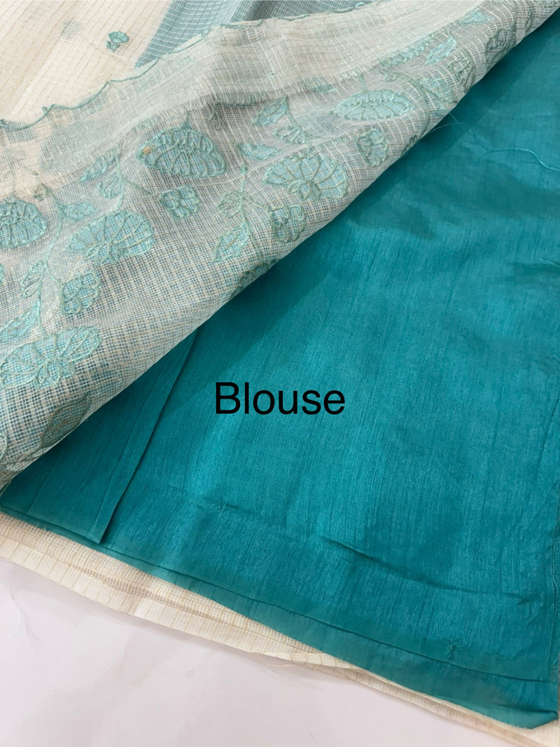 Tissue silk saree with zari checks and applique work  MSH105- Offwhite to Blue
