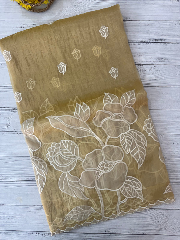 Tissue Organza Applique work saree MS15199- Creamy Yellow