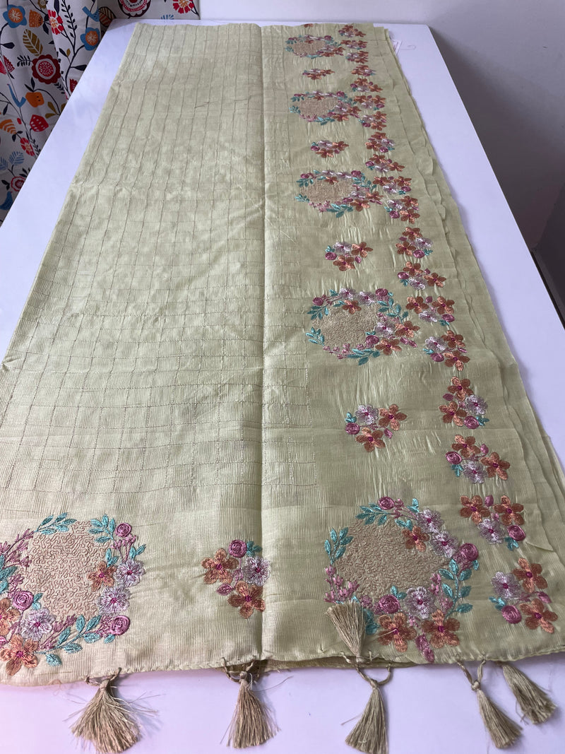 Crushed semi tussar silk saree with embroidery- SNFCYEY38 PastelGreen