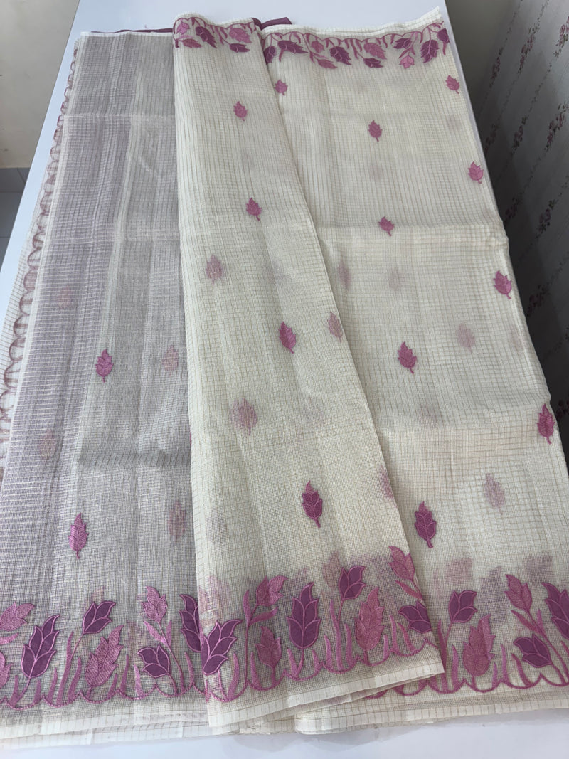 Tissue silk saree with zari checks and applique work  MSH105- Offwhite to PinkLavender