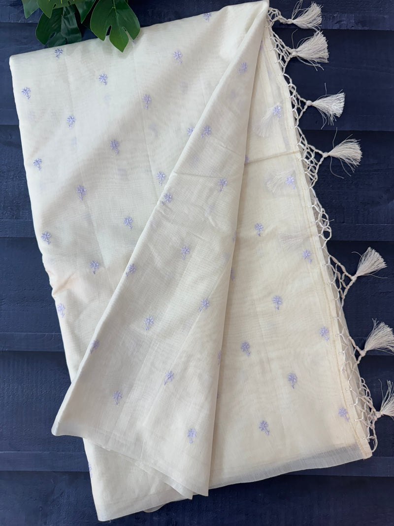 Mul chanderi saree with embriodery MSH114 - Pastel Lavender flowers