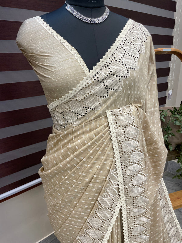 Cutwork blended tussar saree MTS608 - Beige