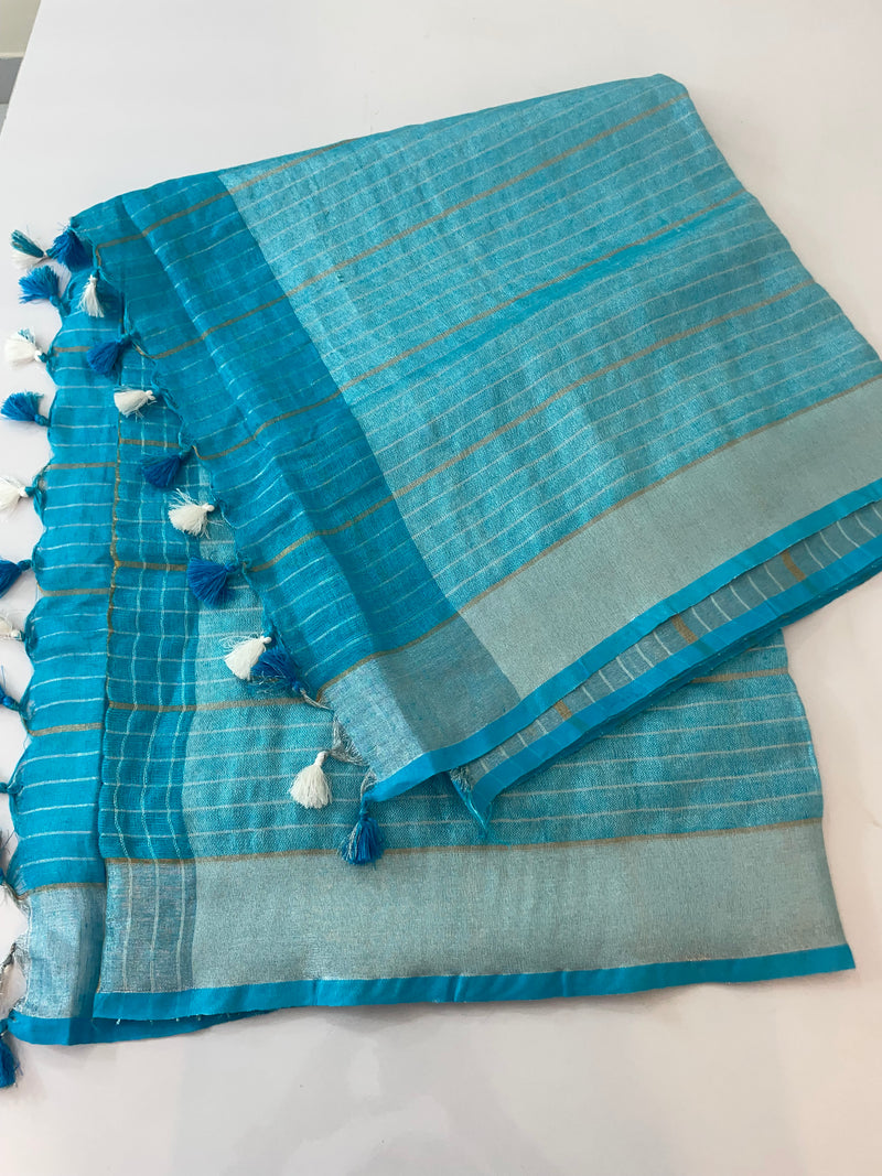 Pure Linen zari check saree MLS7869 BLUE