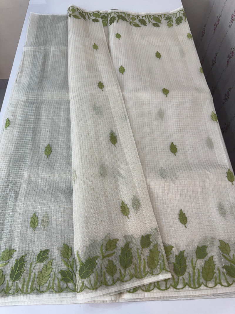 Tissue silk saree with zari checks and applique work  MSH105- Offwhite to Green