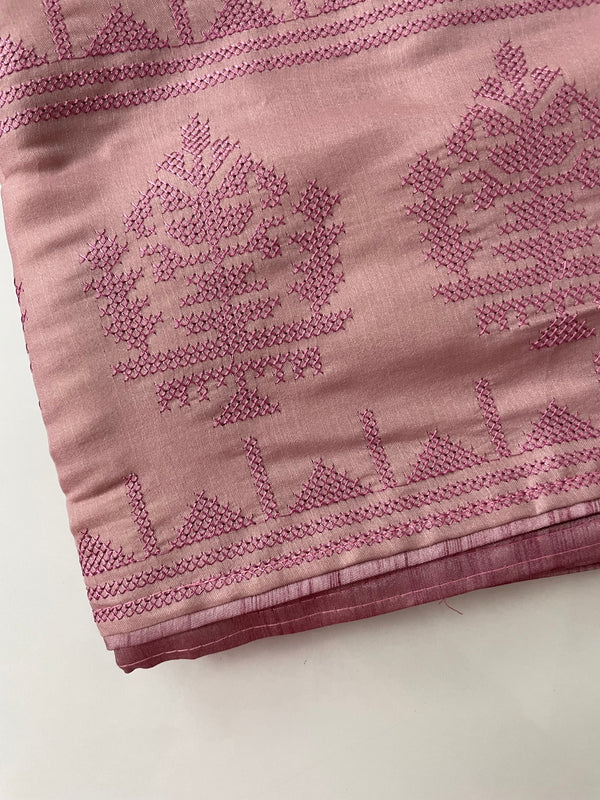 Kosa semi tussar silk saree with cross stitch embroidery- MKTS652 Pink