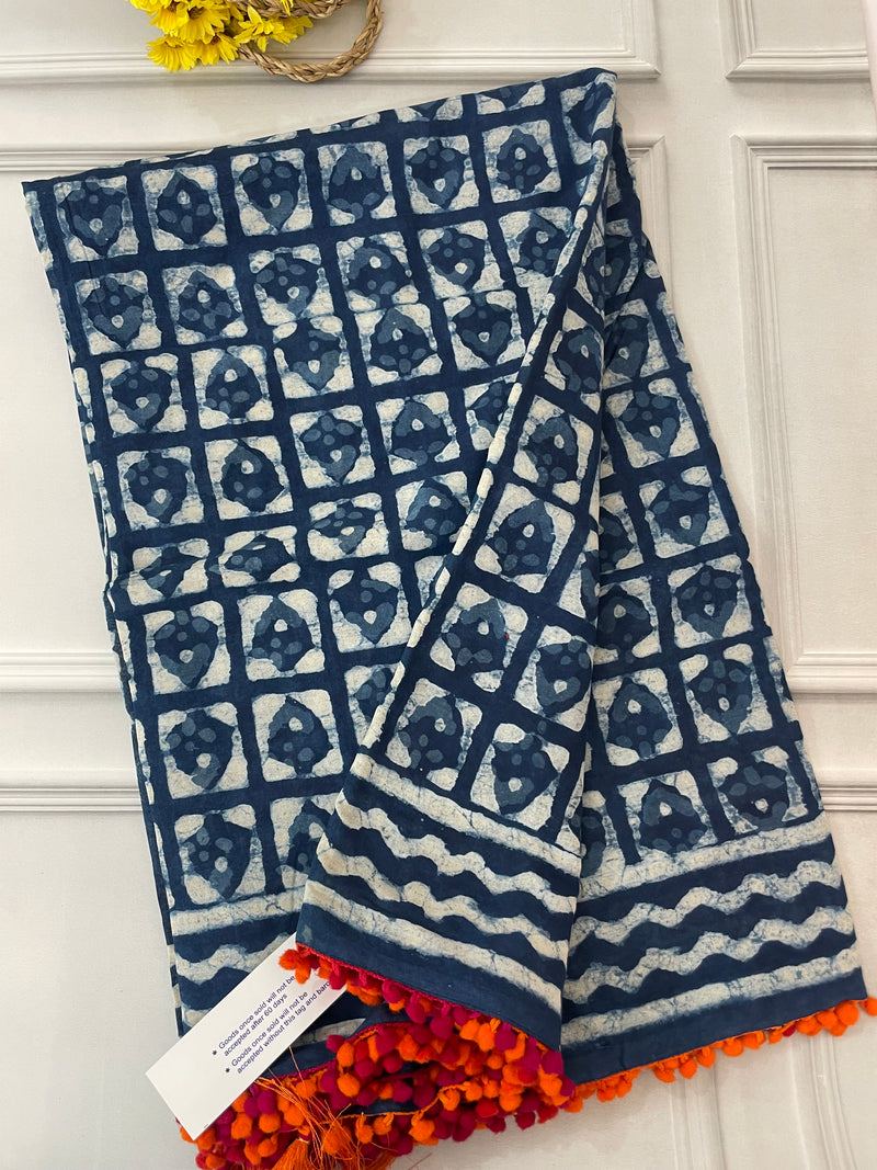 Pure mul cotton hand block printed saree SKSRMY