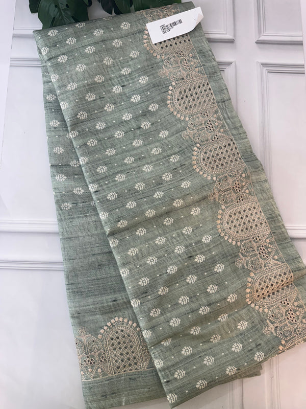 Cutwork blended tussar saree SNFNICY PastelGreen