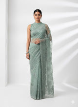 Organza saree with embroidery and pearl work - MSK54- DuskyBlue