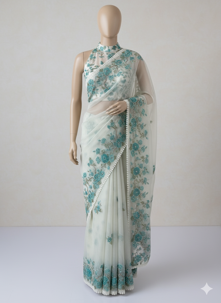Organza saree with prints & hand embriodery work MS15333