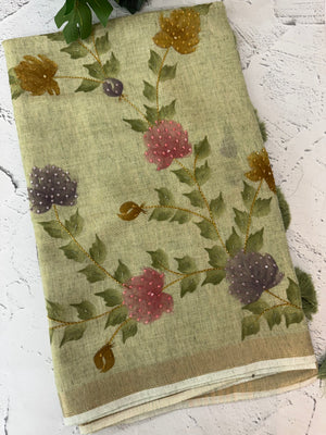 Tissue linen saree with handwork MLS5499