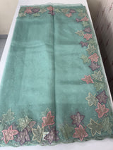 Handworked glass organza saree with applique work- MSHW227- BlueGreen