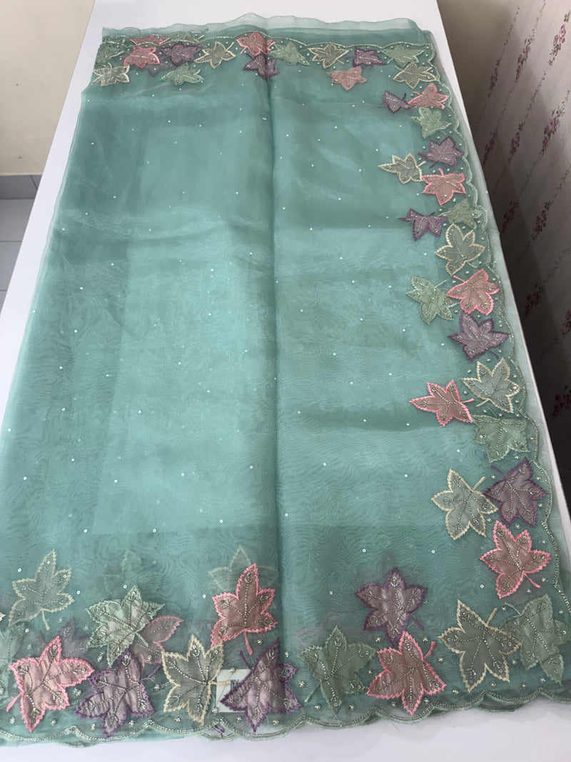 Handworked glass organza saree with applique work- MSHW227- BlueGreen