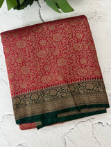 Banarasi semi katan saree with contrast border MKS455 Red to BottleGreen