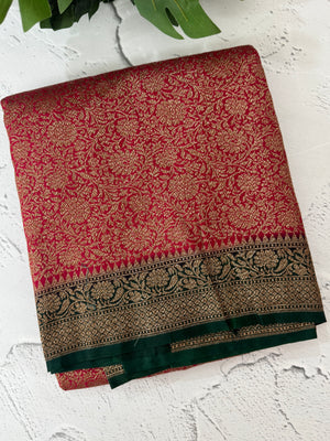 Banarasi semi katan saree with contrast border MKS455 Red to BottleGreen