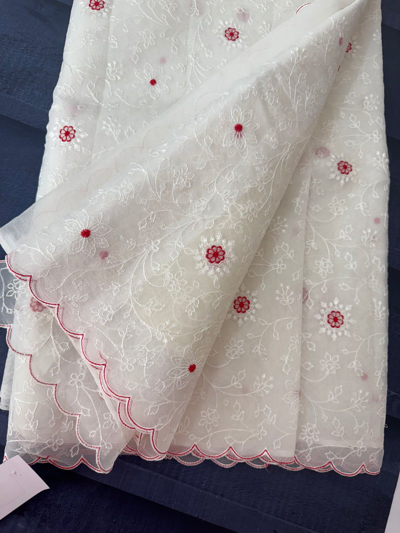 Soft organza saree with embroidery  MOS86  White & Red